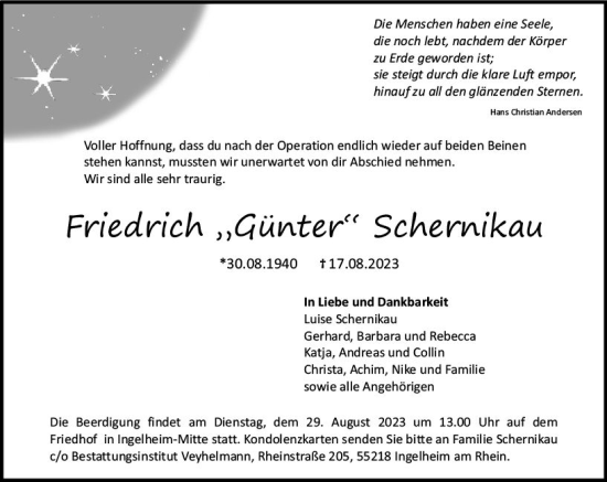 Traueranzeige von Friedrich Schernikau von Allgemeine Zeitung Bingen/Ingelheim