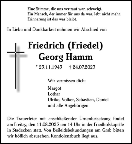 Traueranzeige von Friedrich Georg Hamm von Allgemeine Zeitung Mainz