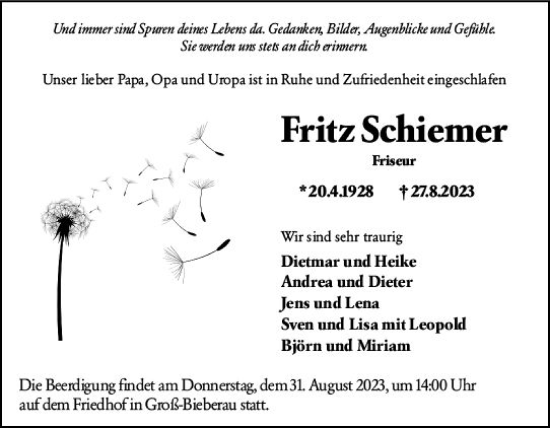 Traueranzeige von Fritz Schiemer von Darmstädter Echo