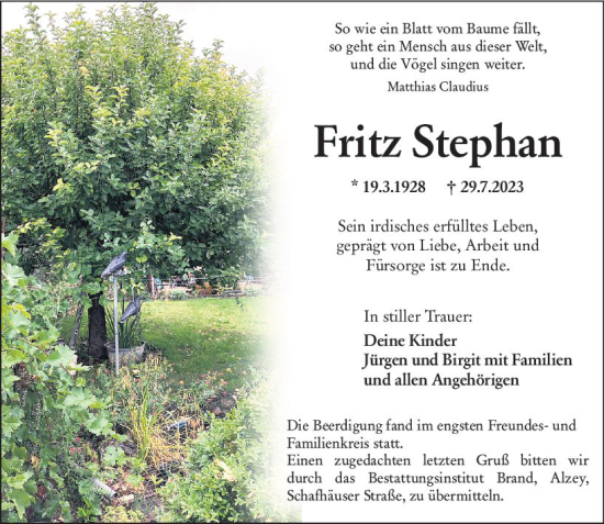 Traueranzeige von Fritz Stephan von Allgemeine Zeitung Alzey