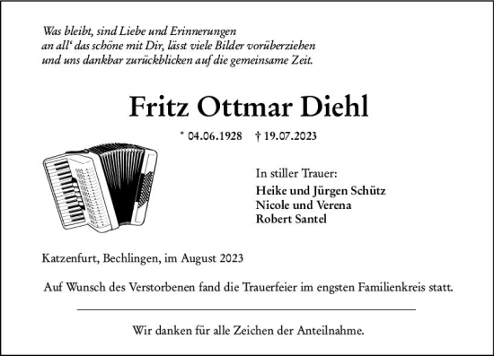 Traueranzeige von Fritz Ottmar Diehl von Wetzlarer Neue Zeitung