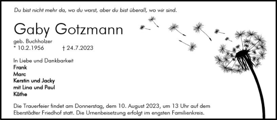 Traueranzeige von Gaby Gotzmann von Darmstädter Echo
