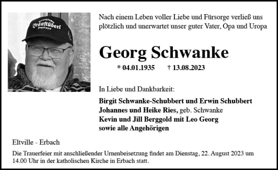 Traueranzeige von Georg Schwanke von Rheingau Kurier