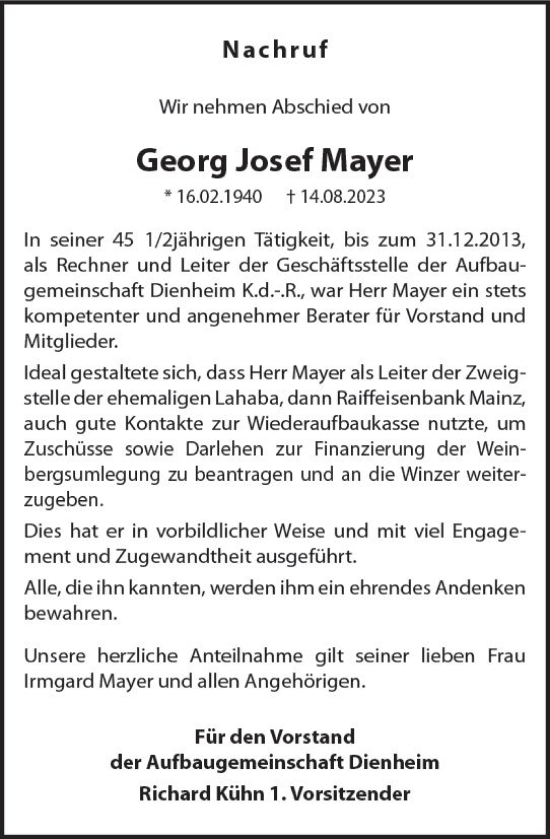 Traueranzeige von Georg Josef Mayer von Allgemeine Zeitung Mainz
