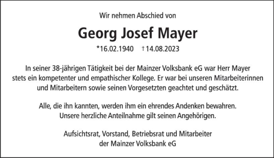 Traueranzeige von Georg Josef Mayer von Allgemeine Zeitung Mainz