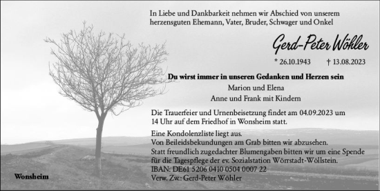 Traueranzeige von Gerd-Peter Wöhler von Allgemeine Zeitung Alzey