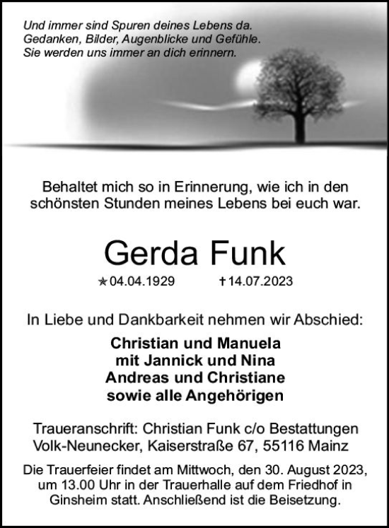 Traueranzeige von Gerda Funk von Allgemeine Zeitung Mainz