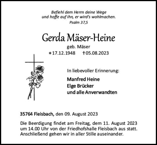 Traueranzeige von Gerda Mäser-Heine von Dill Block