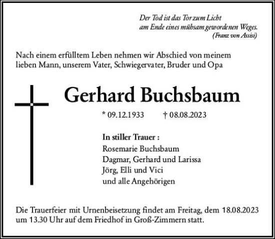 Traueranzeige von Gerhard Buchsbaum von Dieburger Anzeiger/Groß-Zimmerner Lokal-Anzeiger