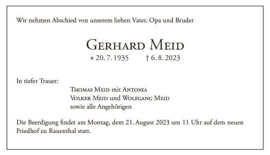 Traueranzeige von Gerhard Meid von Wiesbadener Kurier