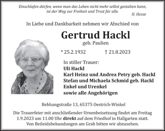 Traueranzeige von Gertrud Hackl von Rheingau Kurier