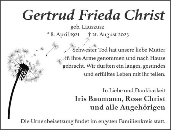 Traueranzeige von Gertrud Frieda Christ von Wiesbadener Kurier