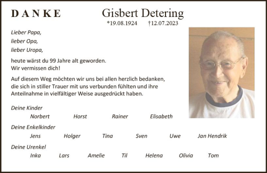 Traueranzeige von Gisbert Detering von Allgemeine Zeitung Mainz