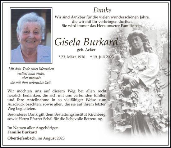 Traueranzeige von Gisela Burkard von Wiesbadener Kurier