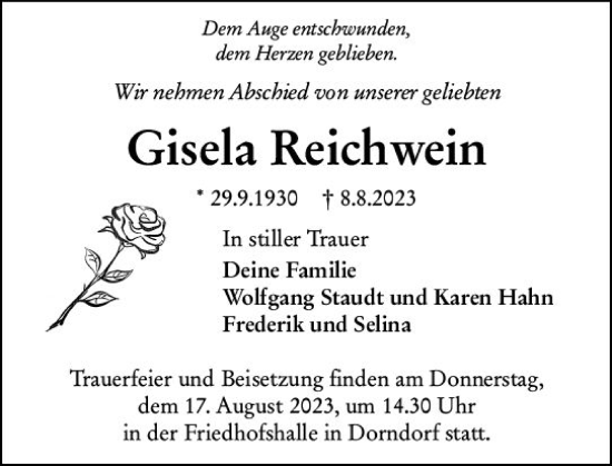 Traueranzeige von Gisela Reichwein von Nassauische Neue Presse