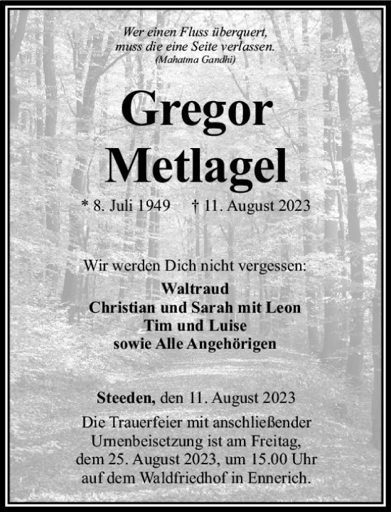 Traueranzeige von Gregor Metlager von Nassauische Neue Presse