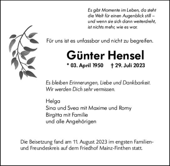 Traueranzeige von Günter Hensel von Allgemeine Zeitung Mainz
