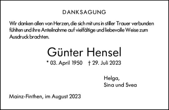 Traueranzeige von Günter Hensel von Allgemeine Zeitung Mainz