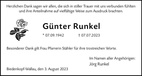 Traueranzeige von Günter Runkel von Hinterländer Anzeiger