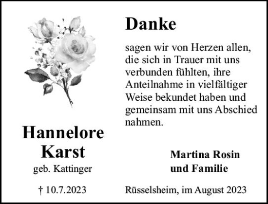 Traueranzeige von Hannelore Karst von Rüsselsheimer Echo