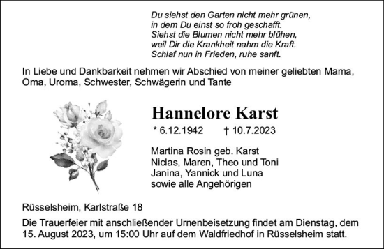 Traueranzeige von Hannelore Karst von Rüsselsheimer Echo