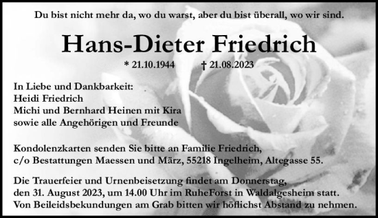 Traueranzeige von Hans-Dieter Friedrich von Allgemeine Zeitung Bingen/Ingelheim