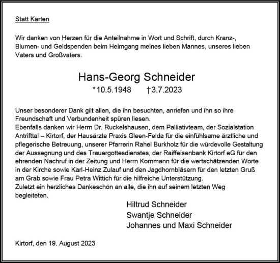 Traueranzeige von Hans-Georg Schneider von Oberhessen Kurier