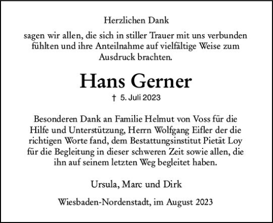 Traueranzeige von Hans Gerner von Wiesbadener Kurier
