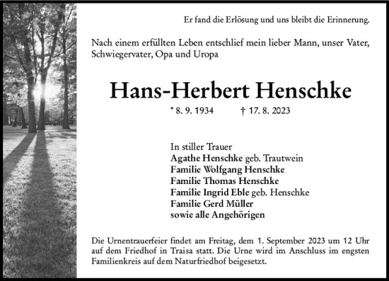 Traueranzeige von Hans-Herbert Henschke von Darmstädter Echo