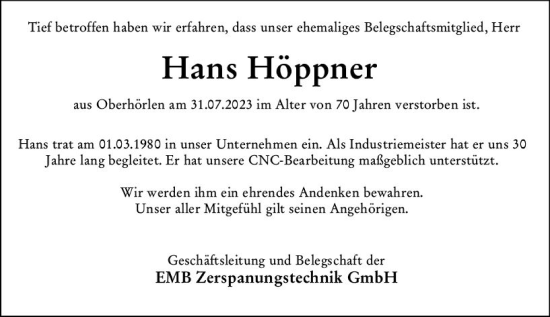 Traueranzeige von Hans Höppner von Hinterländer Anzeiger