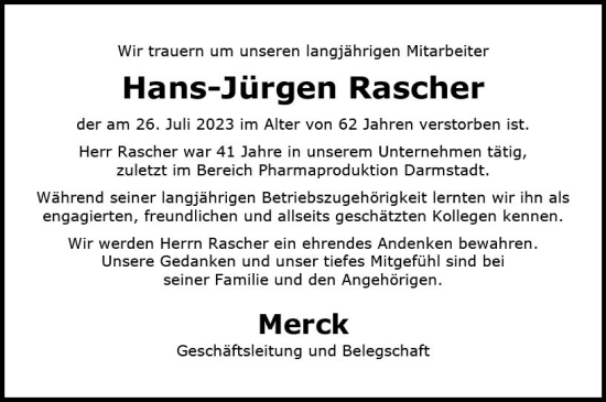 Traueranzeige von Hans-Jürgen Rascher von Darmstädter Echo