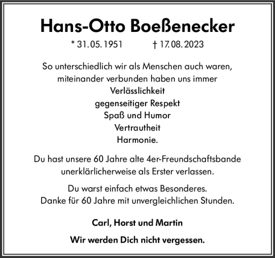 Traueranzeige von Hans-Otto Boeßenecker von Allgemeine Zeitung Mainz