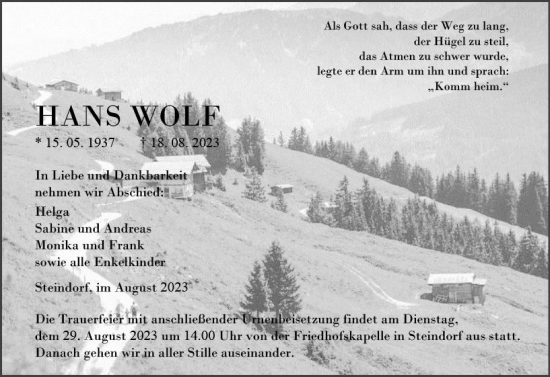 Traueranzeige von Hans Wolf von Wetzlarer Neue Zeitung