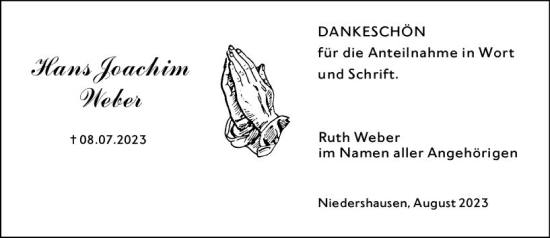 Traueranzeige von Hans Joachim Weber von Weilburger Tageblatt