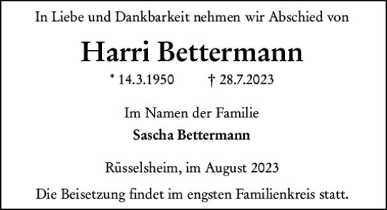 Traueranzeige von Harri Bettermann von Rüsselsheimer Echo
