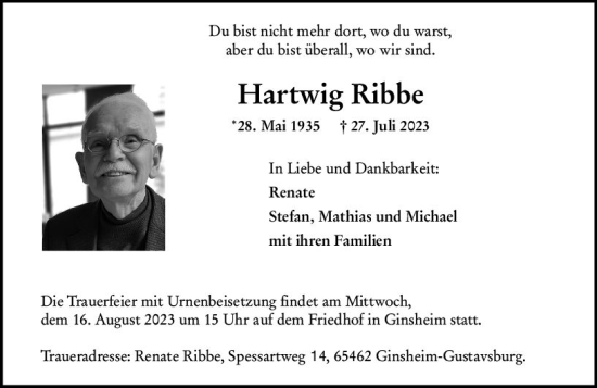 Traueranzeige von Hartwig Ribbe von Allgemeine Zeitung Mainz