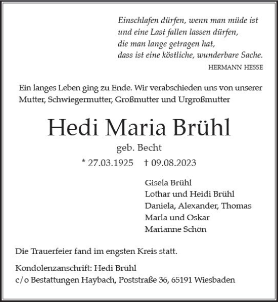 Traueranzeige von Hedi Maria Brühl von Wiesbadener Kurier