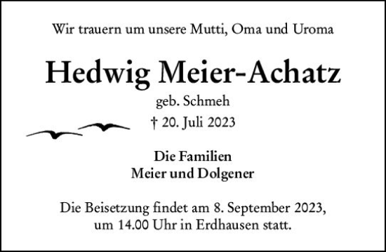 Traueranzeige von Hedwig Meier-Achatz von Hinterländer Anzeiger