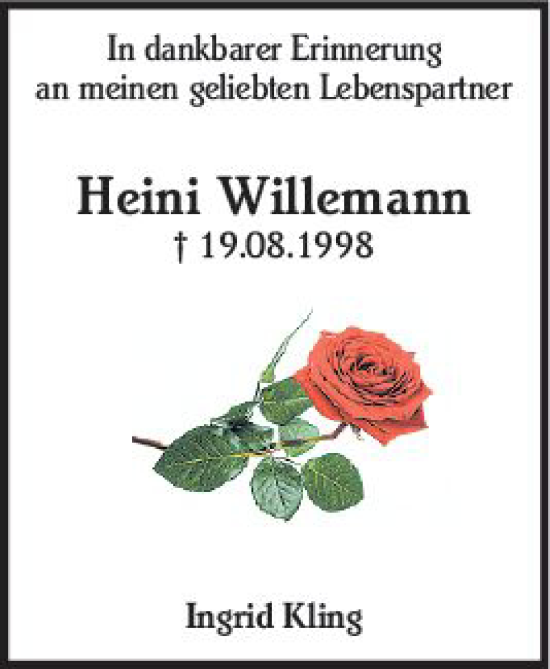 Traueranzeige von Heini Willemann von Odenwälder Echo