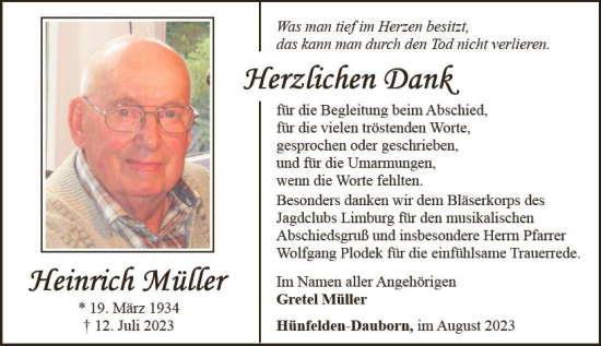 Traueranzeige von Heinrich Müller von Camberger Anzeiger