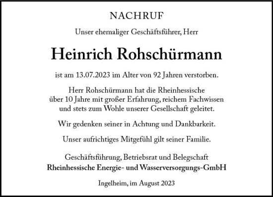 Traueranzeige von Heinrich Rohschürmann von Allgemeine Zeitung Bingen/Ingelheim