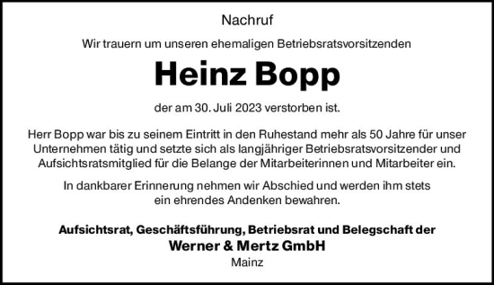 Traueranzeige von Heinz Bopp von Allgemeine Zeitung Mainz