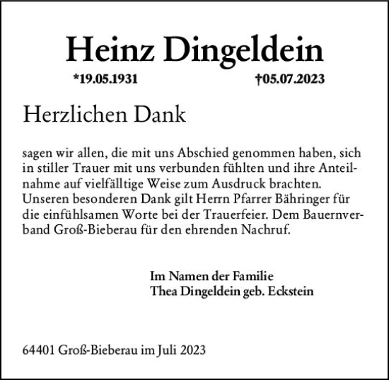Traueranzeige von Heinz Dingeldein von Darmstädter Echo