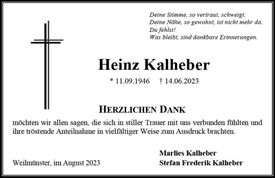 Traueranzeige von Heinz Kalheber von Weilburger Tageblatt