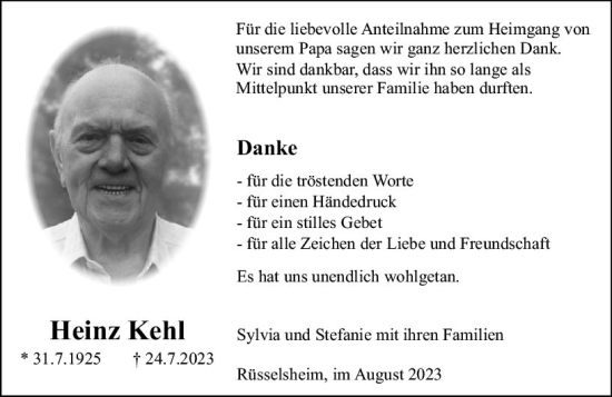 Traueranzeige von Heinz Kehl von Rüsselsheimer Echo