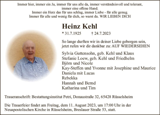 Traueranzeige von Heinz Kehl von Rüsselsheimer Echo