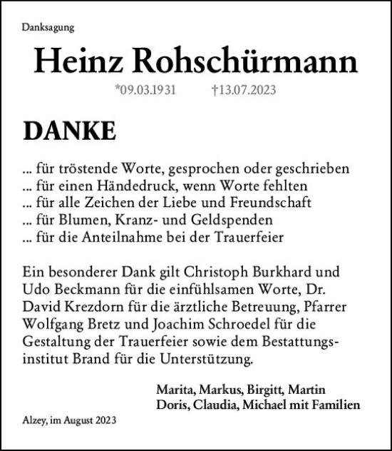 Traueranzeige von Heinz Rohschürmann von Allgemeine Zeitung Alzey