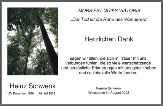 Traueranzeige von Heinz Schwenk von Wiesbadener Kurier