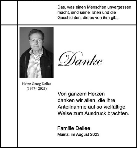 Traueranzeige von Heinz Georg Dellee von Allgemeine Zeitung Mainz