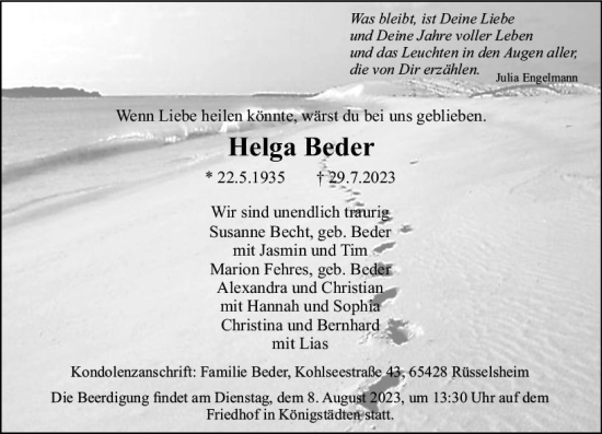 Traueranzeige von Helga Beder von Rüsselsheimer Echo